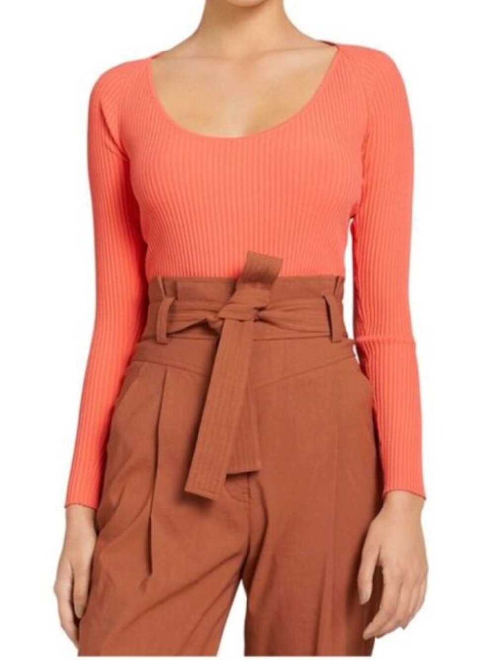 A.L.C. Womens Orange Ribbed Long Sleeve Scoop Neck Top in Small